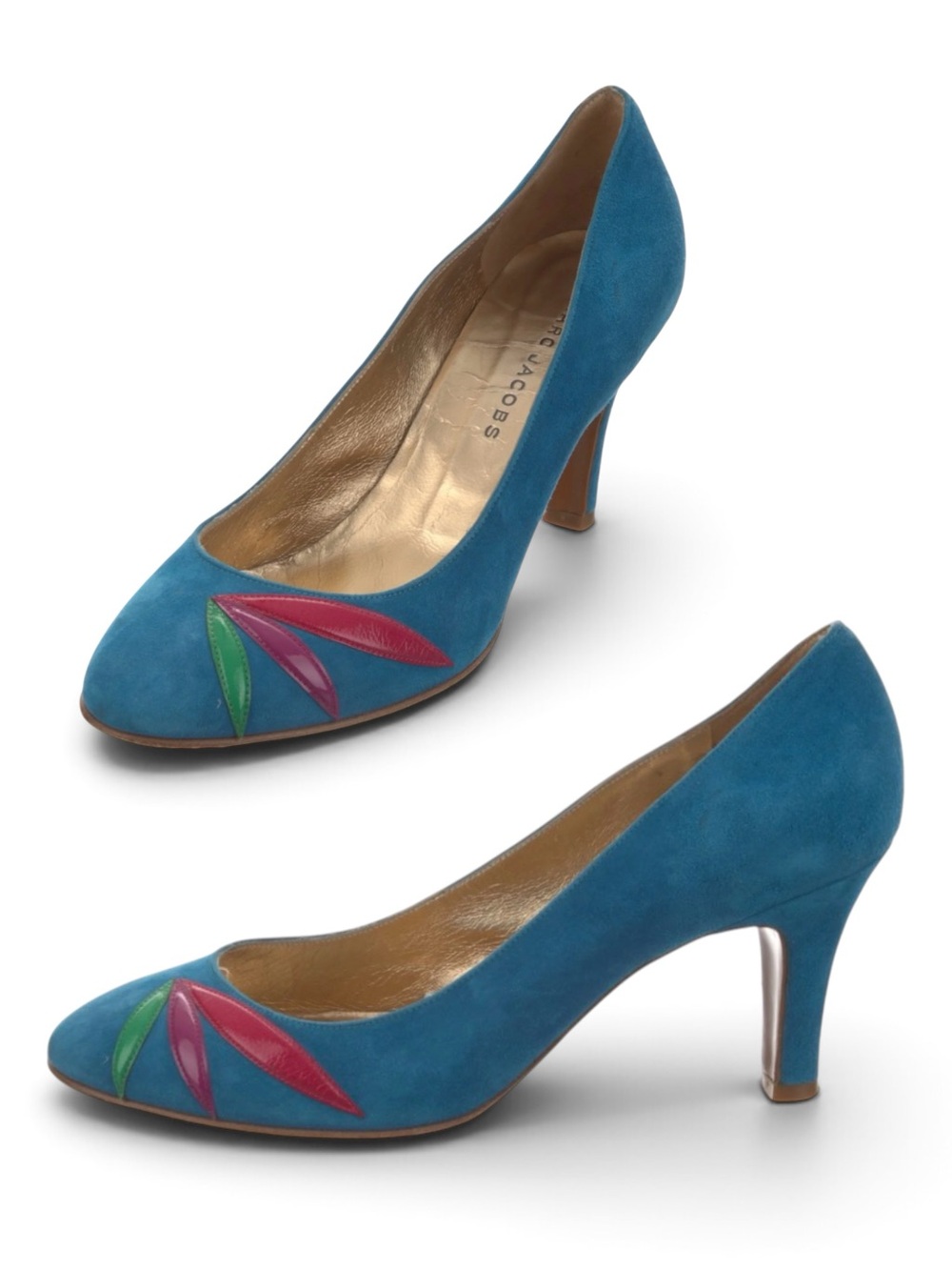 Marc Jacobs Teal Suede Pumps with Pink & Green Petal Accents